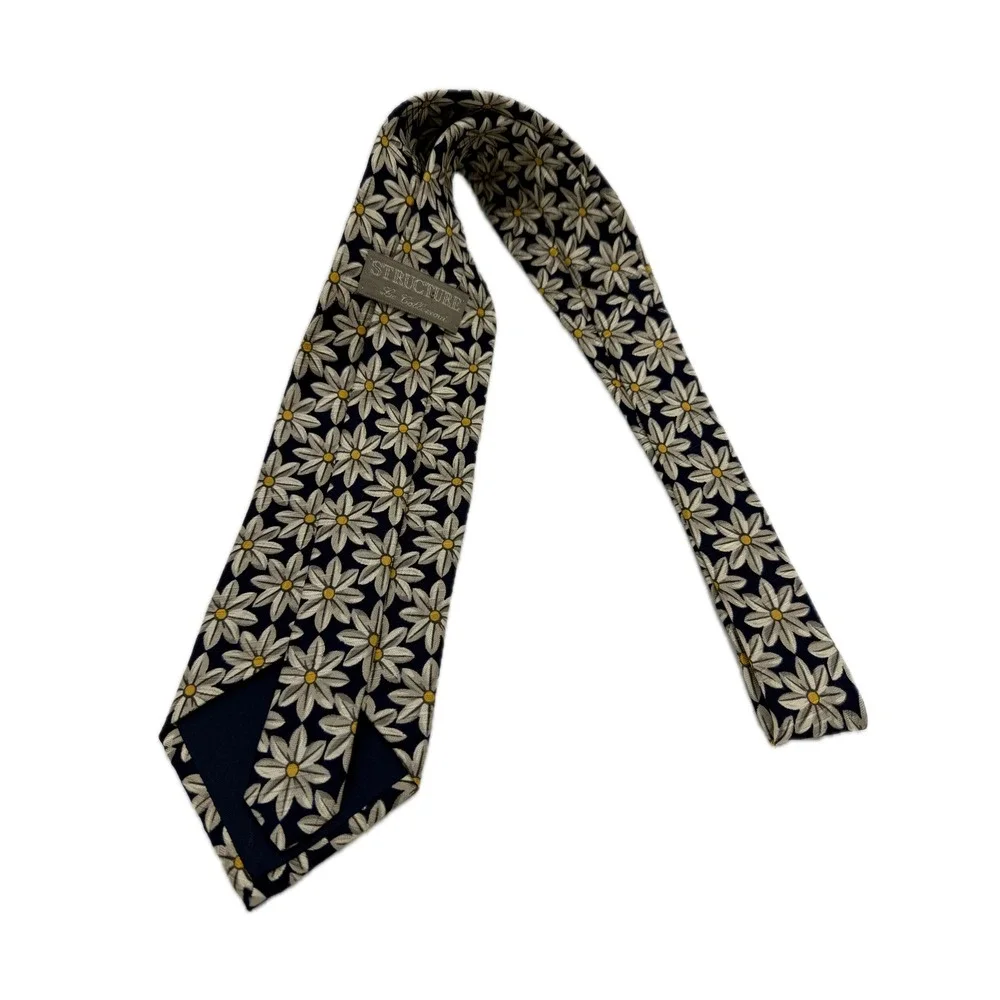 Structure‎ La Collezione Mens Silk Tie Navy Blue Cream Yellow Daisy Floral Print